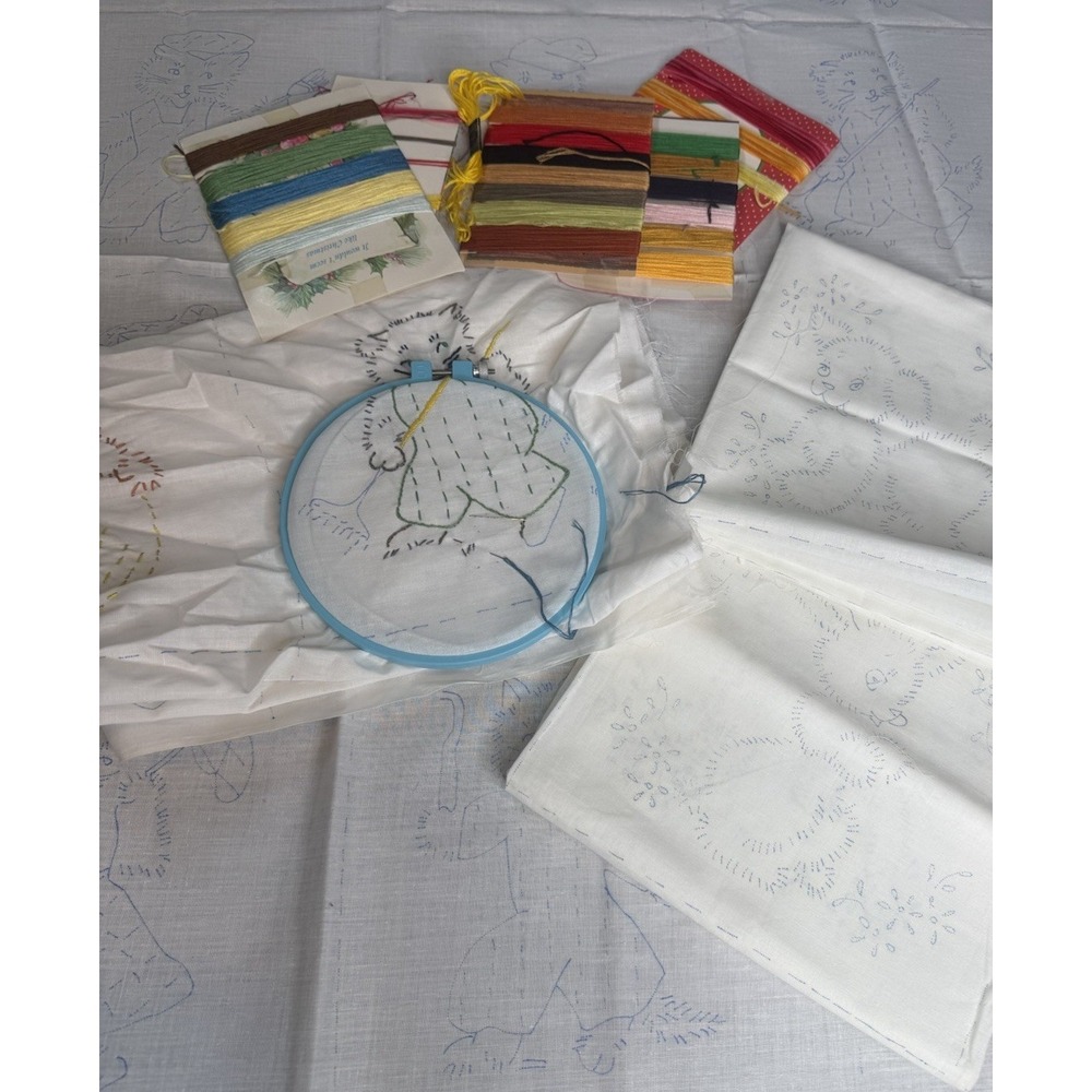VTG Stamped Embroidery Quilt Top Blocks Lot 48 Baby Animal Floral Floss Hoop DIY